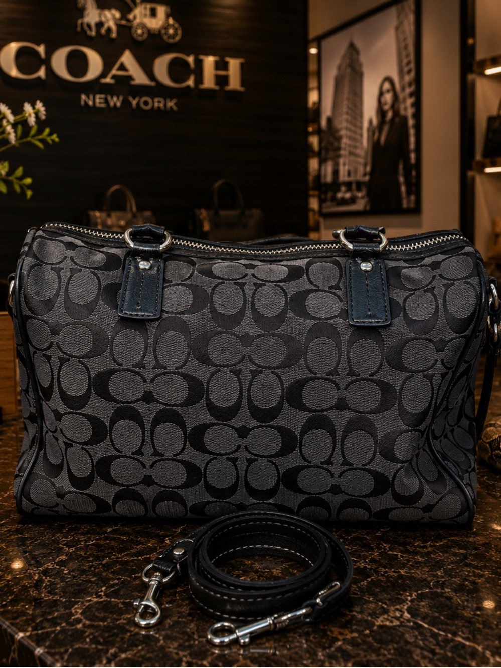 Coach Black Signature Jacquard Python Stripe Satchel - Picture 2 of 4